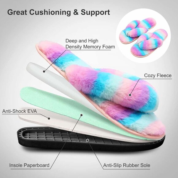 Women's Brand New Furry & Colorful Striped Thong Slippers with Hard Soles SIZE M - Picture 5 of 10